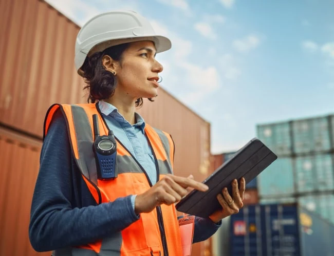 Woman in safety vest and construction helmet holding tablet