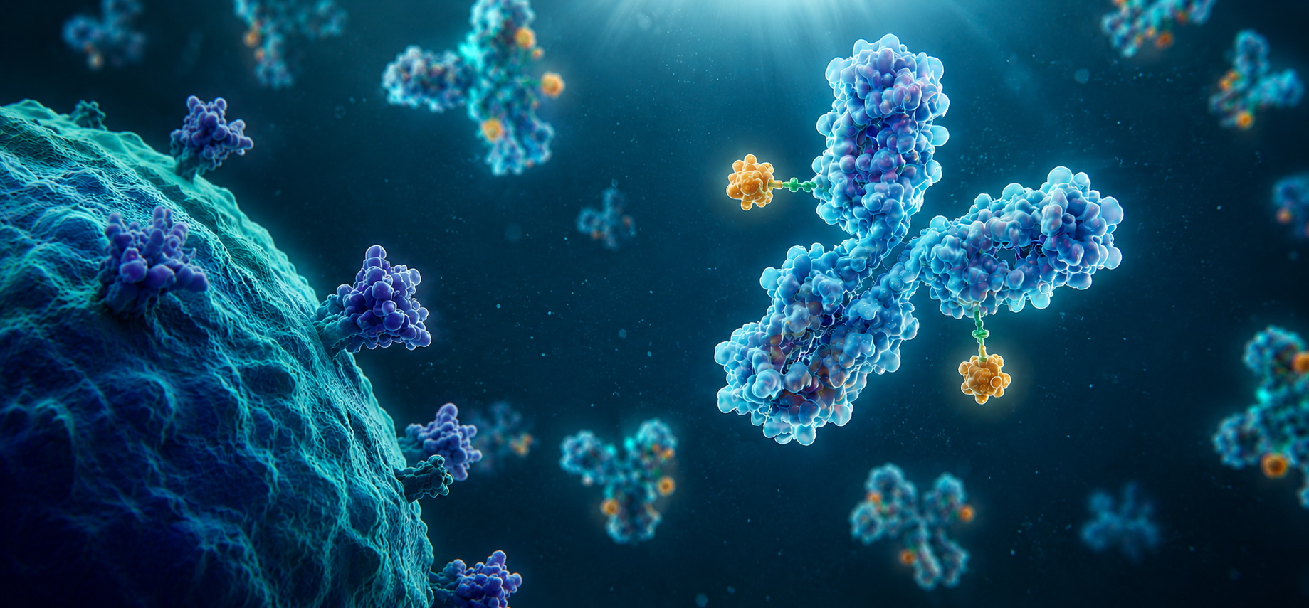 Antibody-Drug Conjugates (ADC) —a monoclonal antibody with a cytotoxic payload —moving towards a cancer cell target.